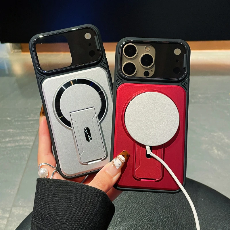 For Magsafe Magnetic Fold Bracket Transparent Lens Protection Armor Phone Case For iPhone 17 Pro Max 15/11/12/13/14/16 Pro Max