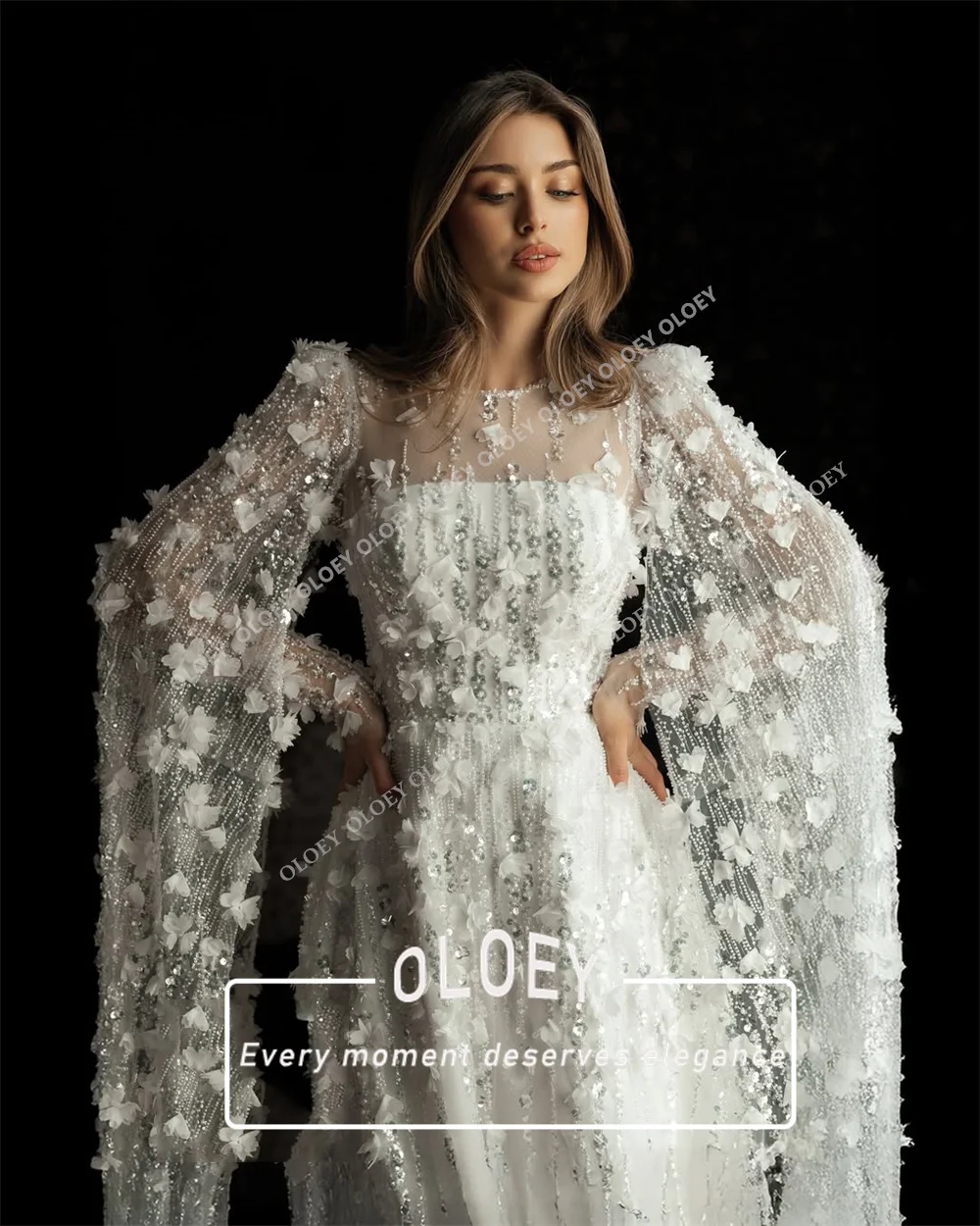 OLOEY Luxury Sequined 3D Flowers A-Line Wedding Dress Modest O Neck Muslim Bridal Gown Customized Full Sleeves فساتين زفاف