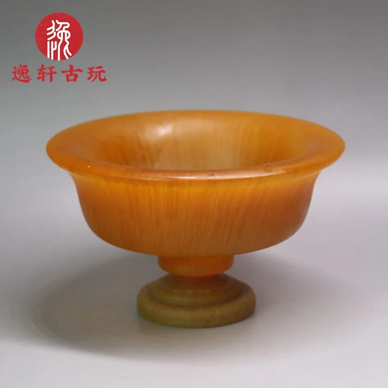 Miscellaneous Collection Natural Gold Silk Bull Horn Bowl Flipped Bowl Decoration Exquisite Sculpture Tea and Wine Horn Cup