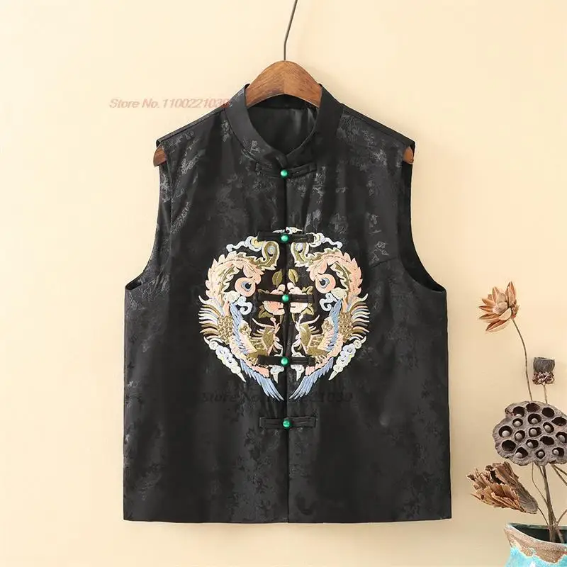 2024 chinese vintage gilet national flower embroidery satin jacquard vest tang suit oriental stand collar sleeveless jacket vest