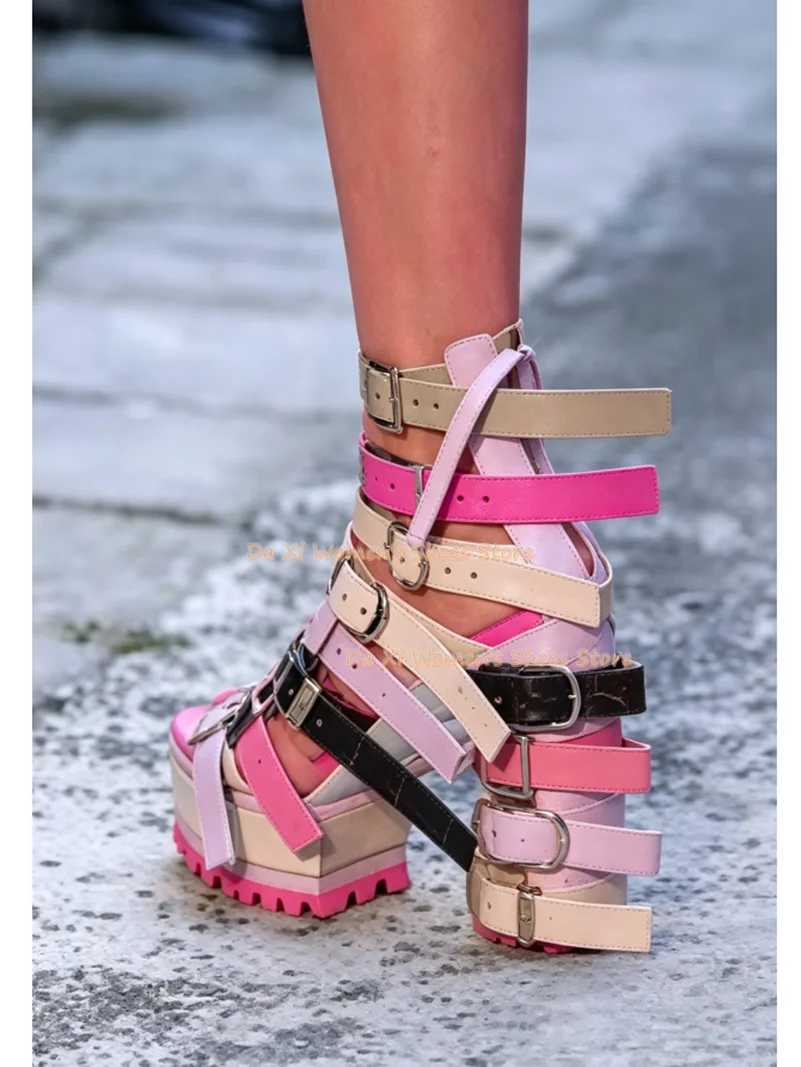 Color Thick Band Combination Platform Rome Sandals Punk Style Belt Buckle Buckle Tall Sandals Role Playing Rave Party  Footwear view 3