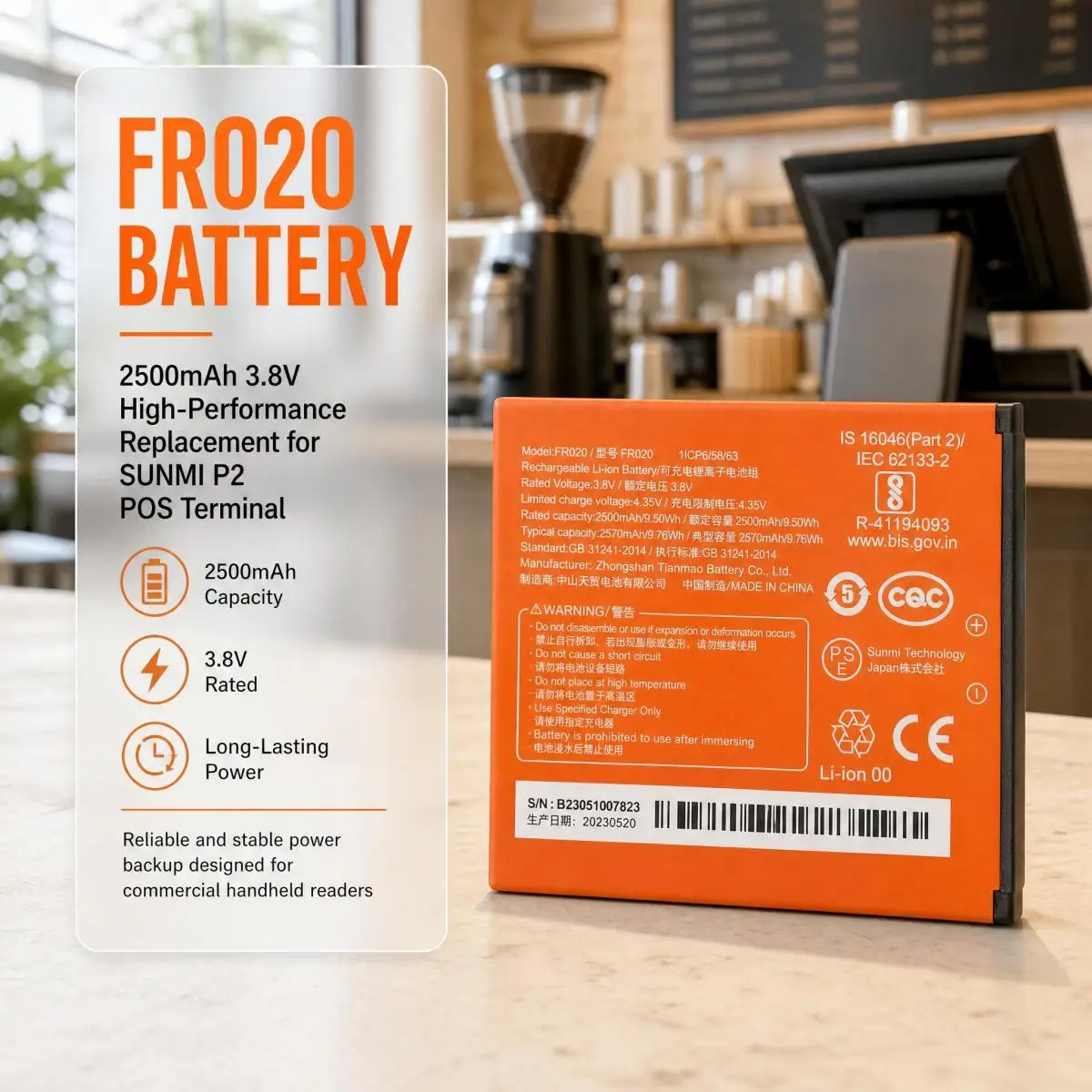 FR020 3.8V 2500mAh Replacement Battery for SUNMI P2 T6900 PDA Mobile Cash Register Handheld Card Reader