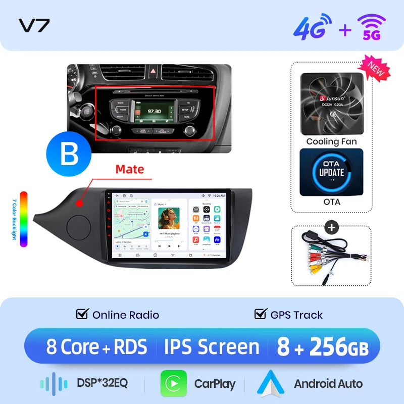 Junsun draadloze CarPlay Android Auto autoradio voor Kia Ceed Mk2 (JD) 2012-2018 met ingebouwde koelventilator, Android GPS navigatie, multimediaspeler, WiFi, DSP, RDS, BT, SWC, IPS touchscreen,