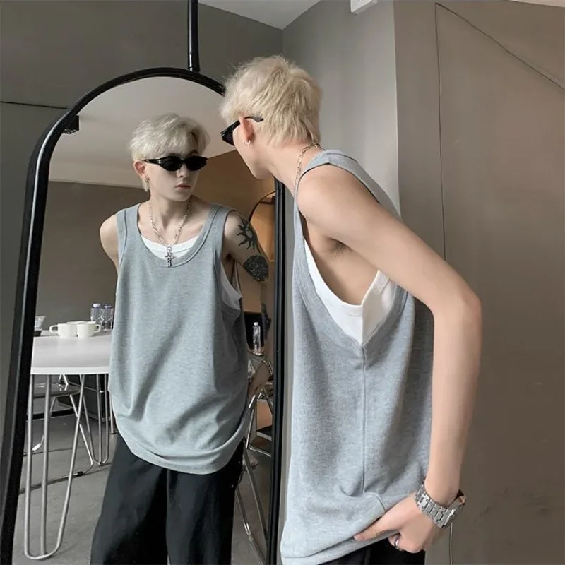 

Juspinice Fake Two-piece Waffle Contrast Tank Tops for Men's Summer O-neck Sleeveless Loose T-shirt Casual Loose Sports Vest