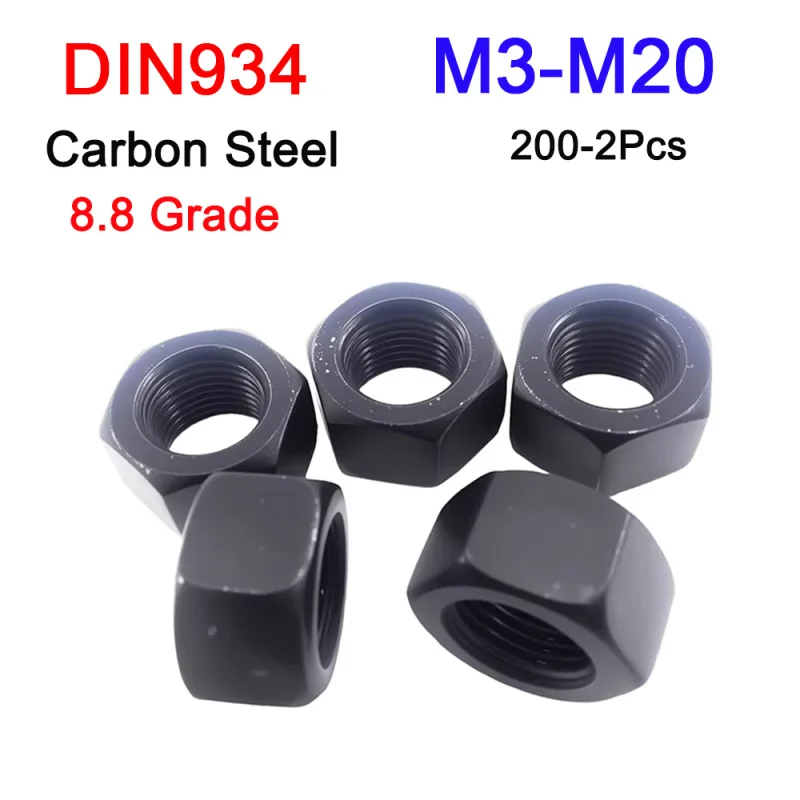 2/5/10/15/25/50/100/200Pcs Hexagon Nuts M3 M4 M5 M6 M8 M10 M12 M16 M20 Black Grade 8.8 Carbon Steel DIN934 Hex Nut GB6170
