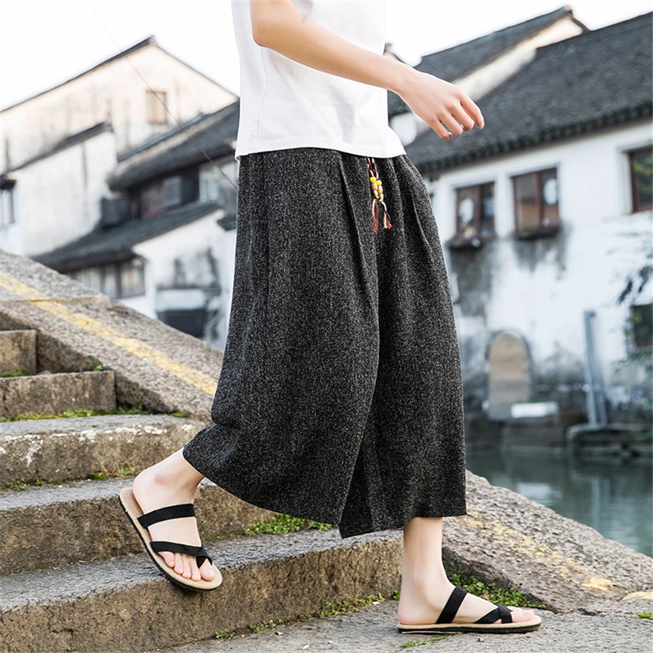 Large Size Embroidery Harem Pant Mens Summer Thin Ice Silk Casual Trousers Men Harajuku Vintage Baggy Calf Length Pants Male