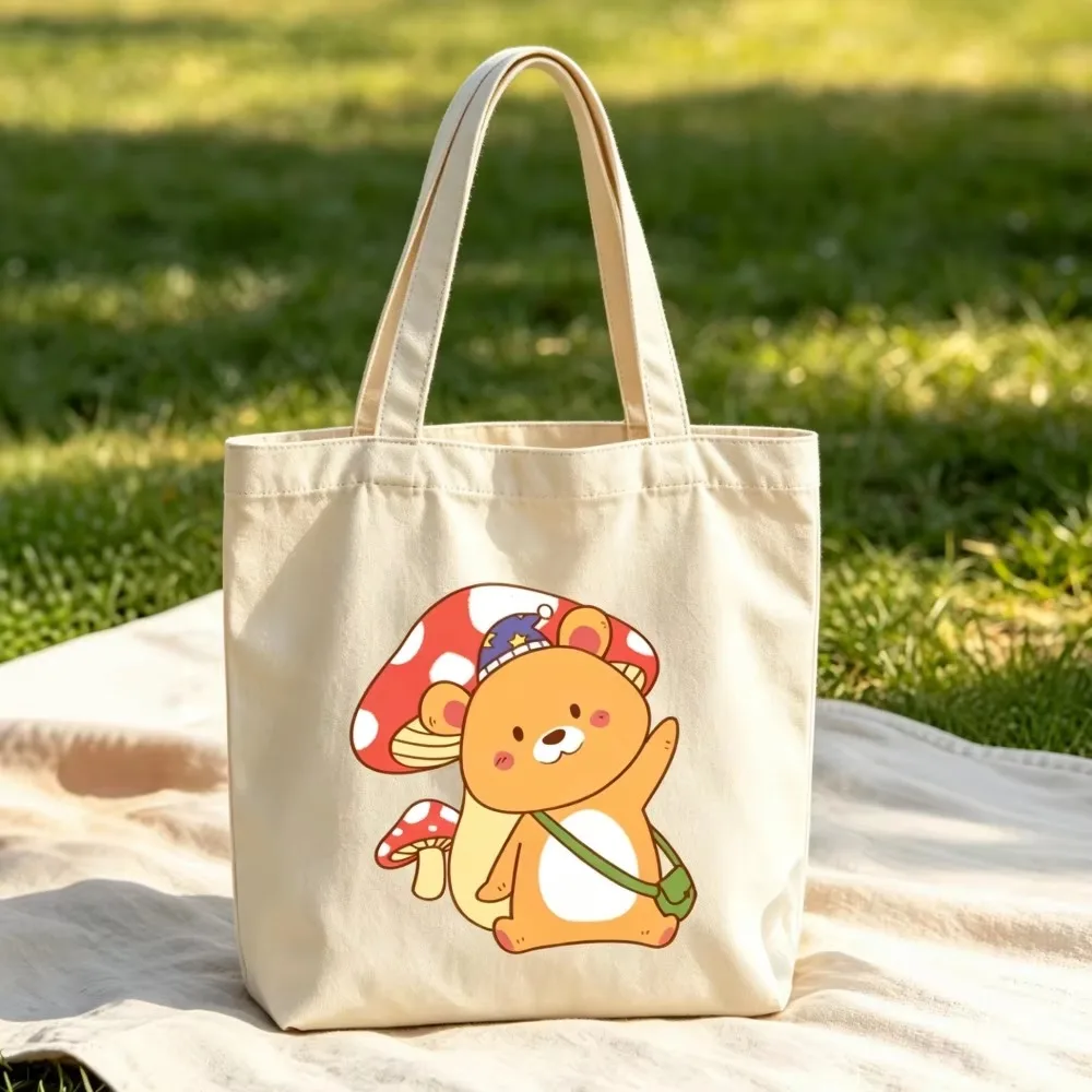 Personalized Cute Fun Mushroom Canvas Tote Bags Custom Names Kawaii Fairy Cartoon Grocery Shopping Bags Reusable for Women Gifts