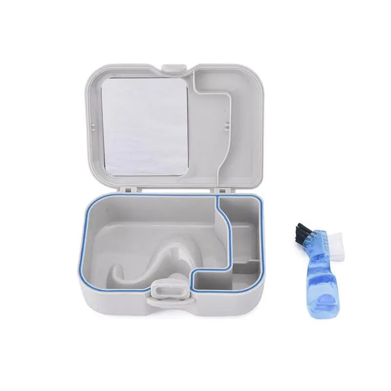Portable Denture Storage Box with Mirror & Cleaning Brush Dustproof Leakproof Denture Organizer for Outdoor Travel Use