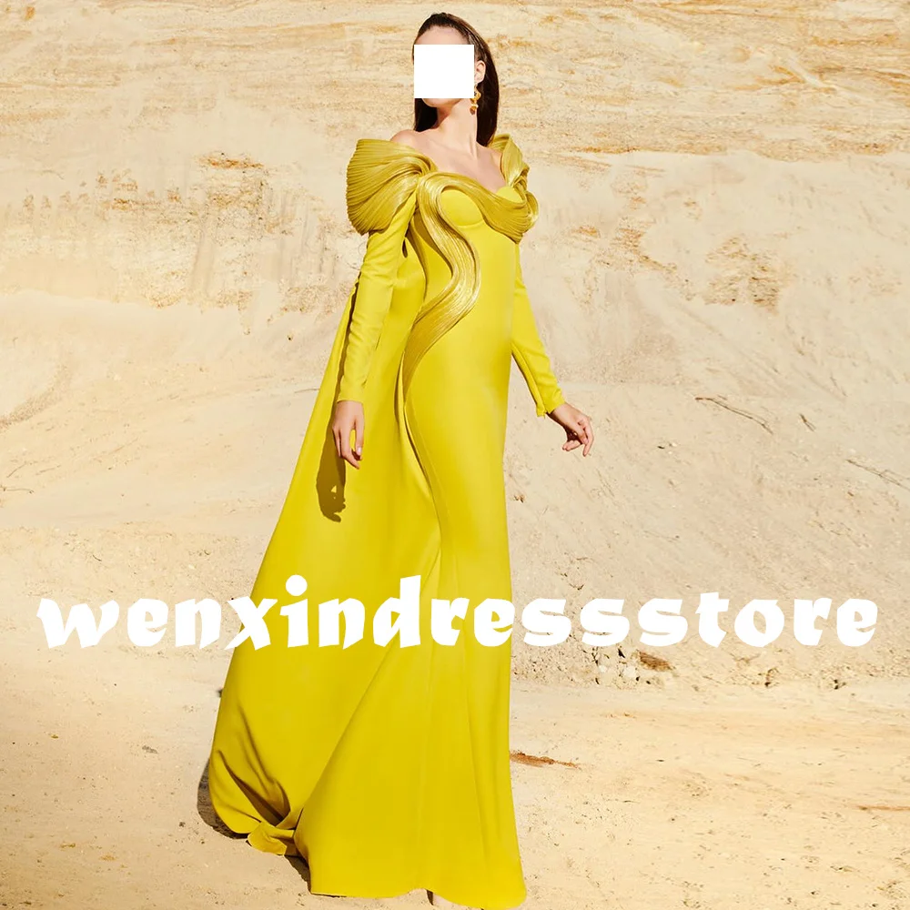 Elegant Party Dresses Woman Floor Length Off the Shoulder Straight Jersey Long Sleeves Pleats Sweep Train Solid Color Formal