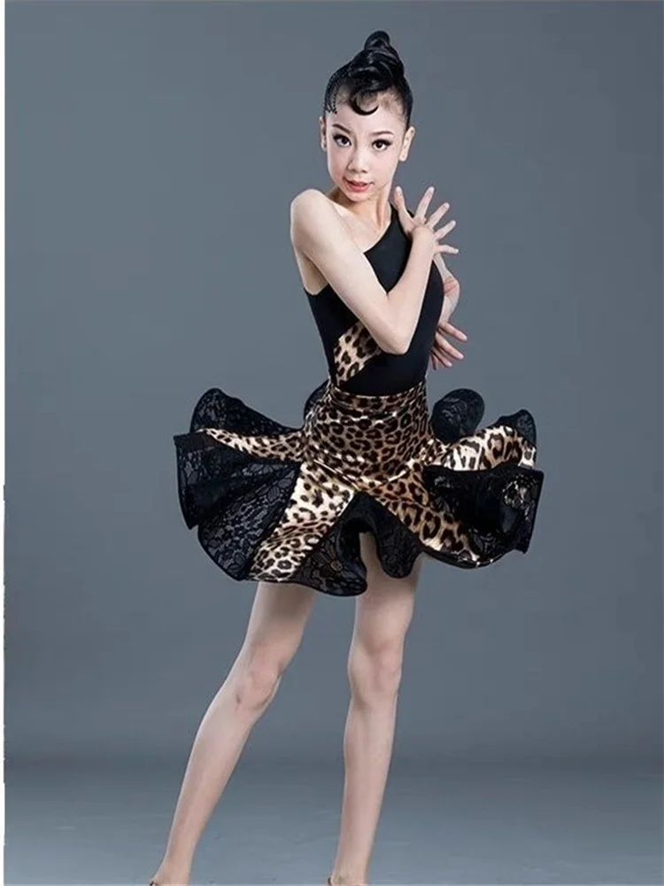 sexy Latin Dance Costume For Girls Ballroom Salsa Tango top Skirts Kids Child lace Leopard Latin Dance Split Dress Leotard Skirt
