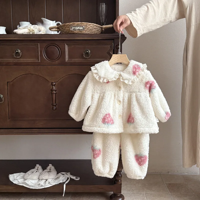 Girls Set Autumn Winter Lace Collar Top Pants Coral Velvet Thickened Soft Comfortable Sweet Daily Casual Home Dressing
