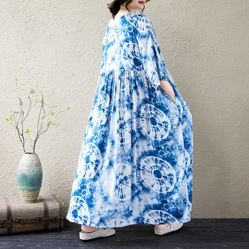 Loose Bohemian Style Cotton Summer Dress for Middle-Aged Women Short Sleeve round Neck Women's Dress Comfortable A-Line Skirt 5