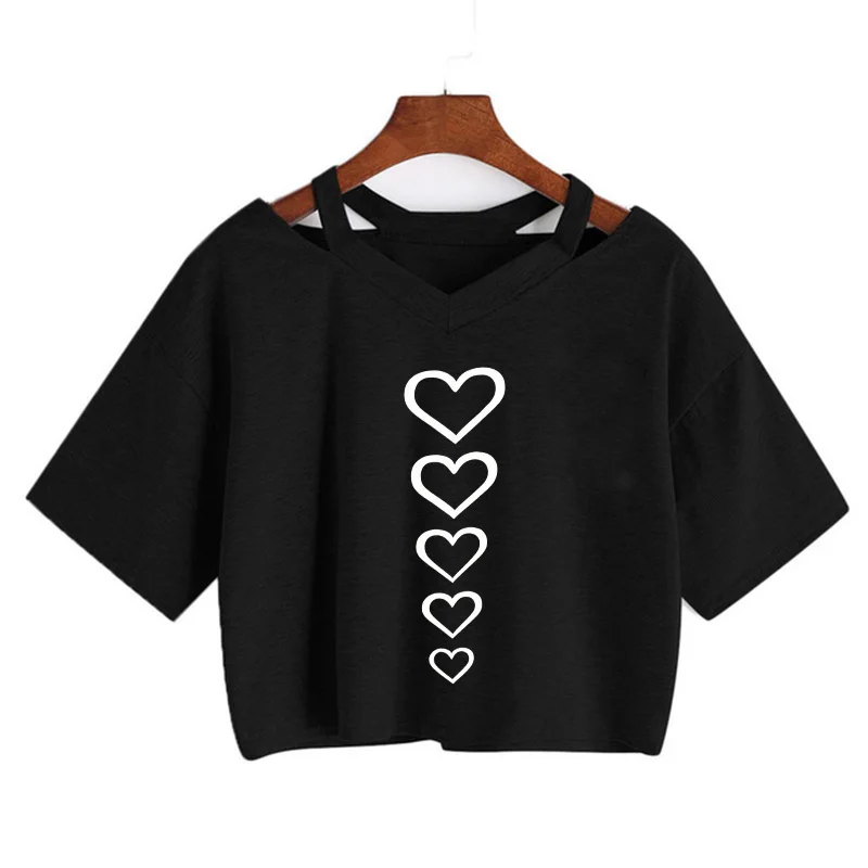 Women's V-neck Short Sleeve Cropped T Shirt with Heart Print 90s Graphic Crop Tops Clothes Girls 2000s Vintage Y2k Tshirt