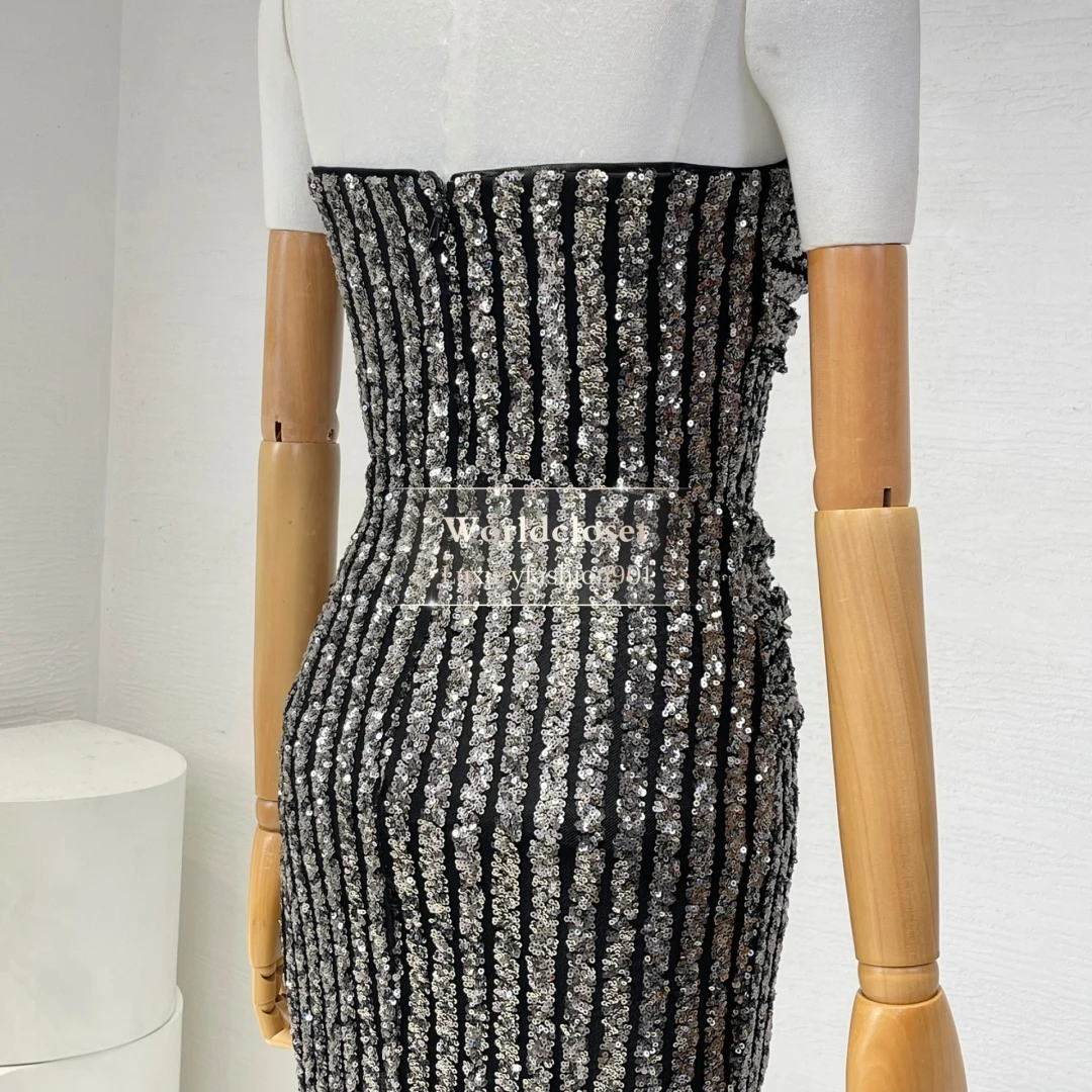 

Good Quality Black Silvery Sleeveless Backless Sequins Slit Hem Tube Maxi Dress