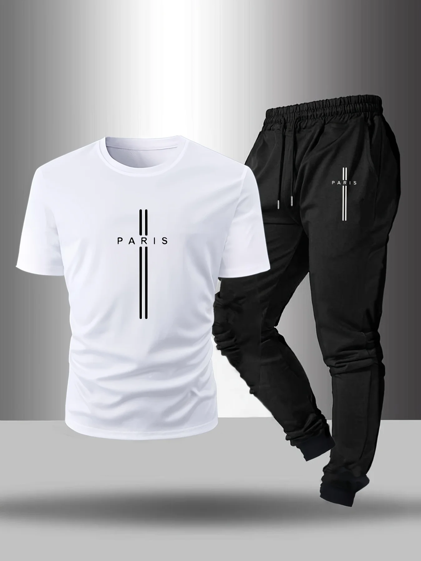 

Men's Basic Daily Round Neck Casual Comfortable Short Sleeved T-shirt+Pants Set 2-piece Paris Letter Printed Outdoor Set -