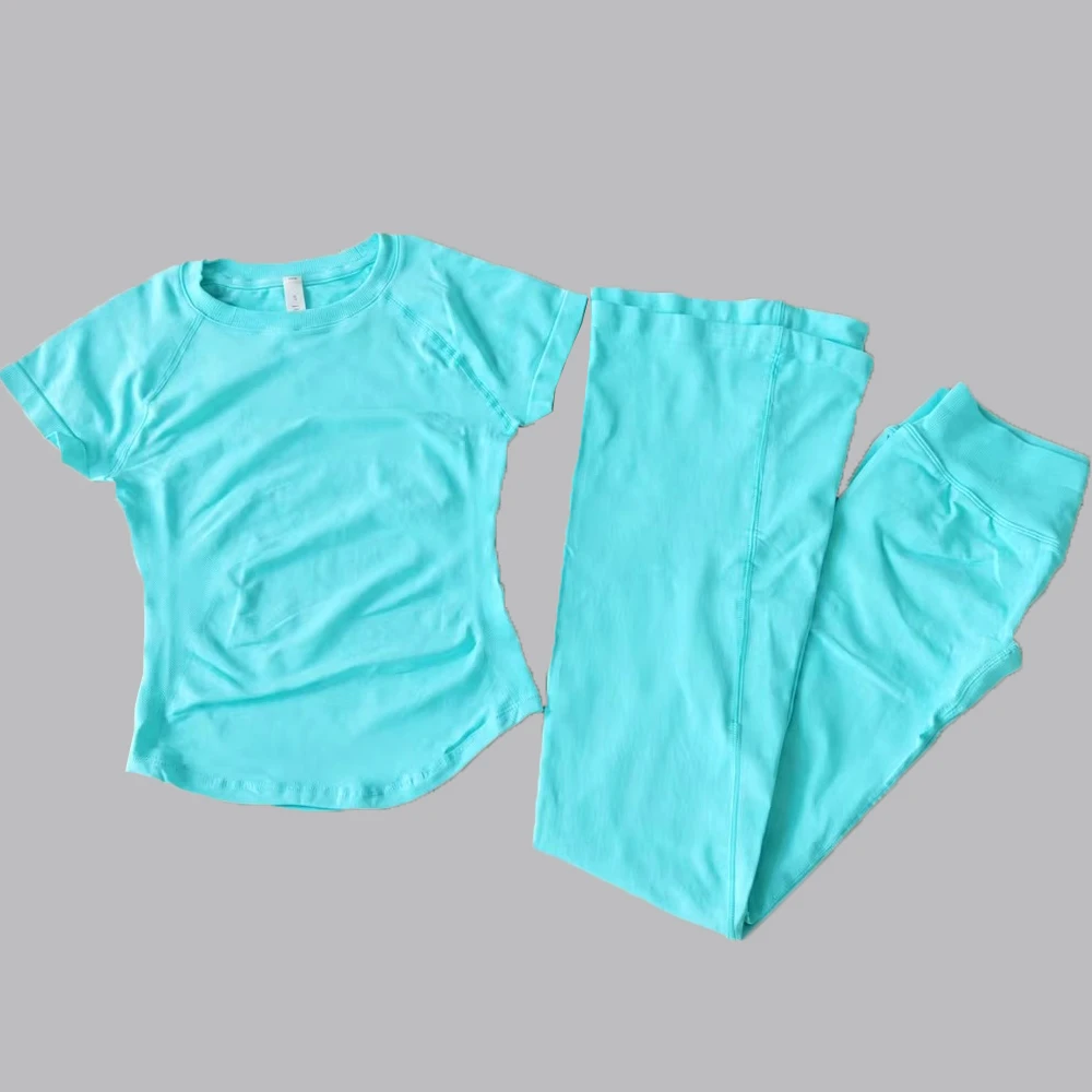 2-teiliger Sportanzug, kurzärmeliges, nahtloses Yoga-Oberteil, Damen-Fitness-Trainingshose mit Schlaghose, Gym-Set, Sporthose – Detail 6