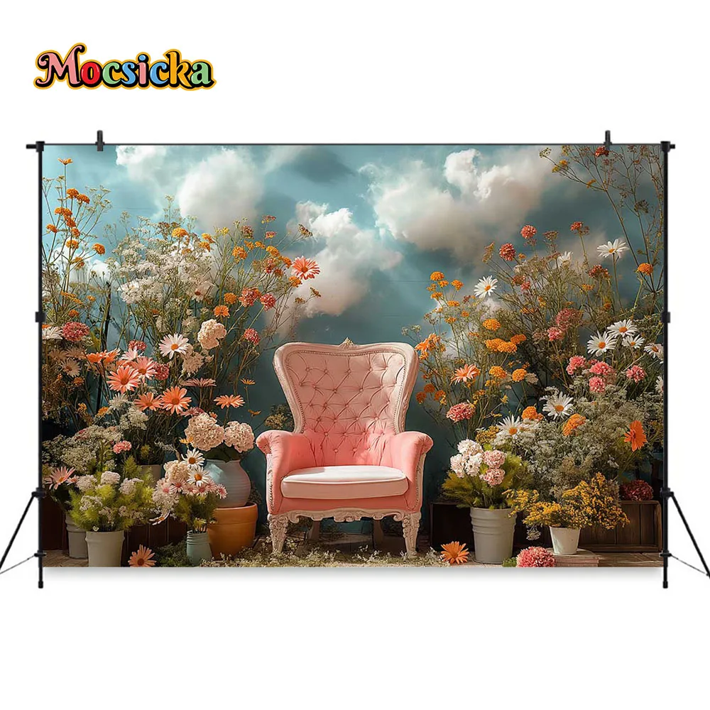 Mocsicka fondo de jardín para niña de las flores, sofá rosa, cielo azul, nubes, decoración, telón de fondo para recién nacido, Baby Show Photozone Studio