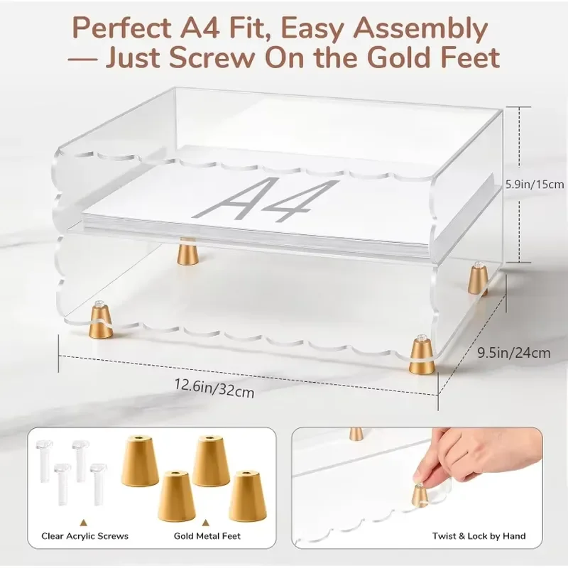 Transparent three-layer acrylic desk storage box, wavy edge, gold base tray, suitable for A4 paper, books, notes, home office