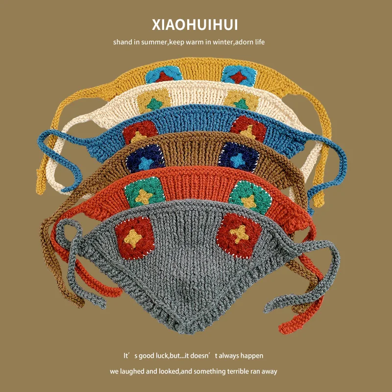Korea new retro handmade lace-up knitted triangular headscarf women autumn winter warm earmuffs ear protectors wool headband