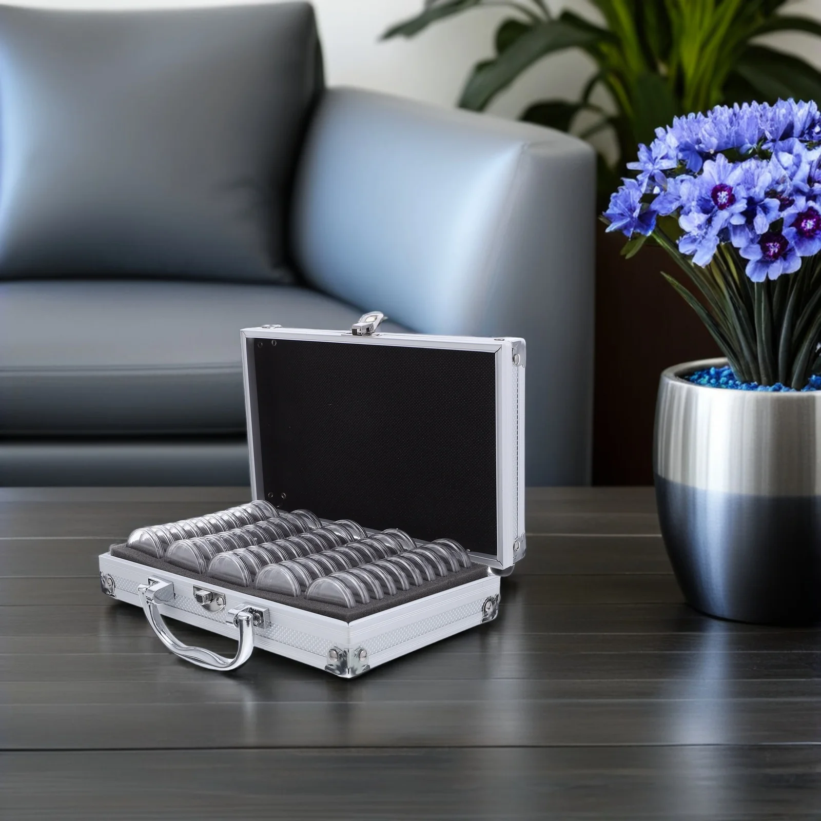 Coin Collection Box Display Case with Metal Lid Collecting Holder Holders Badge