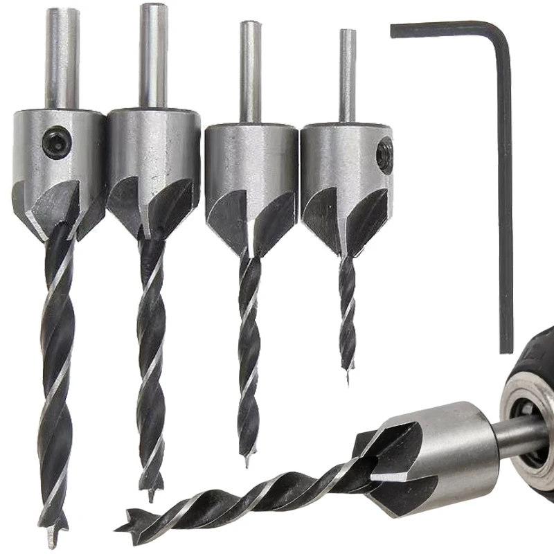 

5PCS Woodworking Countersink Drill Bits Set with L Wrench Chamfering Drill Bits Hole Opener Tool Carpentry Reamer for Screw