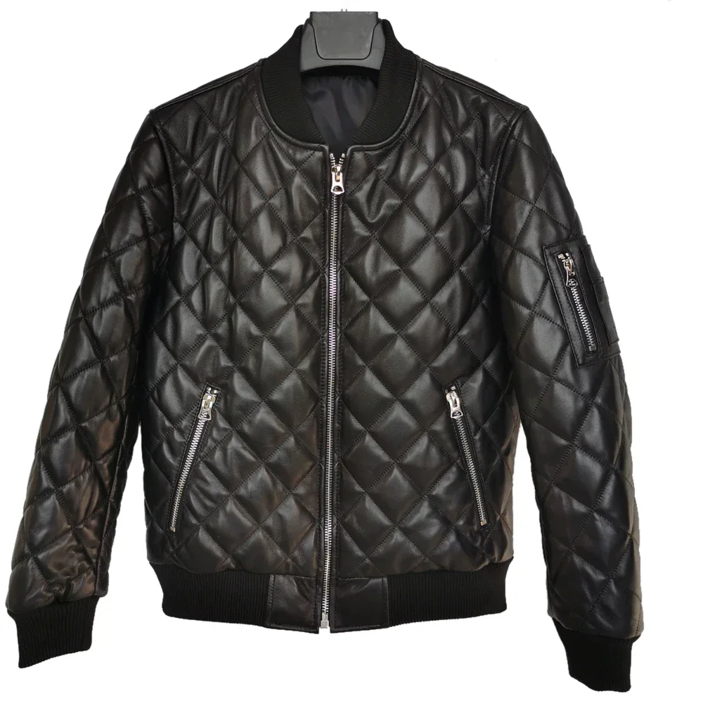 Early Winter Deep Autumn Warm Genuine Leather Jacket Men Quilted Plaid Soft Sheepskin Coat Man Leather Coat Asian Size 4XL M264