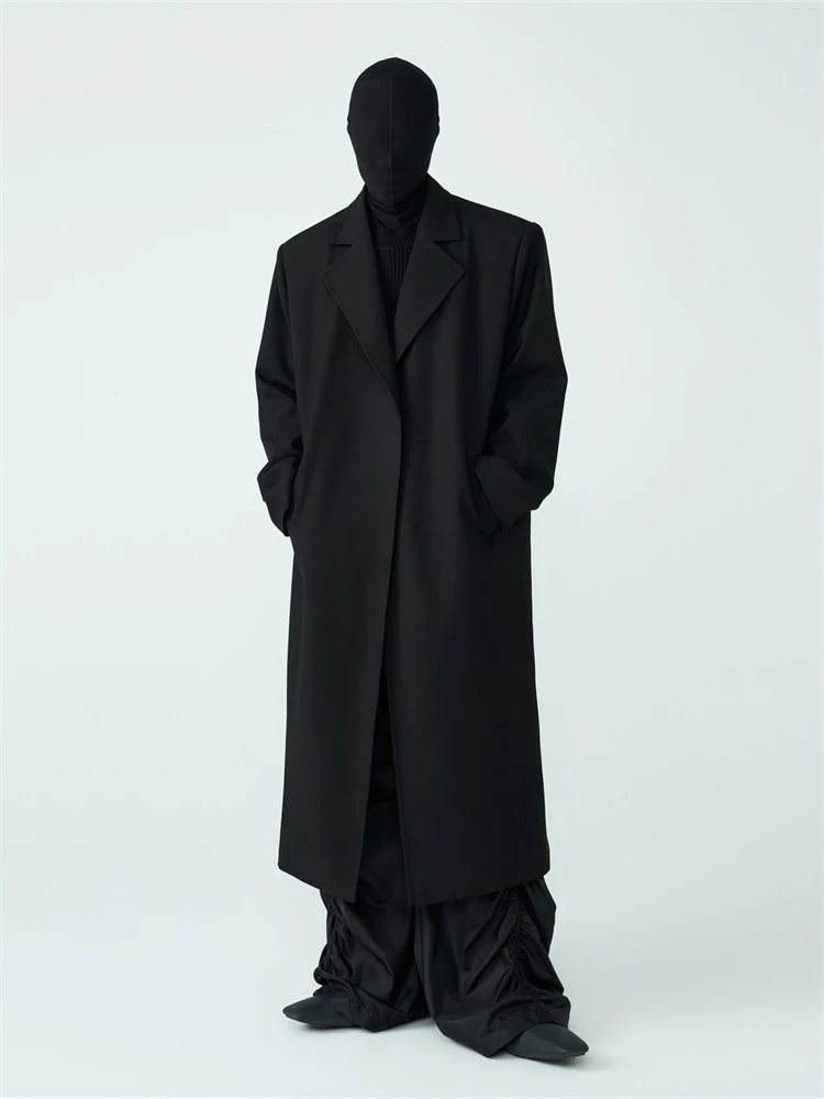 Gabardinas largas de lana para hombre, gabardina de lana sin botones, hombreras holgadas, abrigo negro empalmado de longitud media