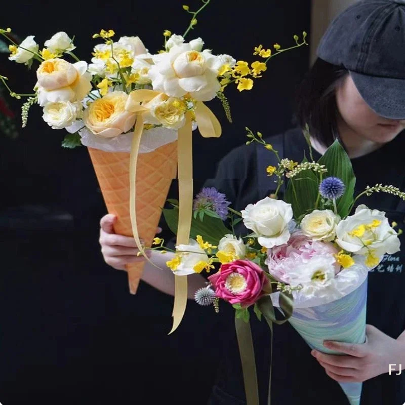 [YU]10Pcs Flower Bouquet Wrapping Paper, Thickened Cardboard, Ice Cream Cone Handmade Craft Gift Packaging Materials
