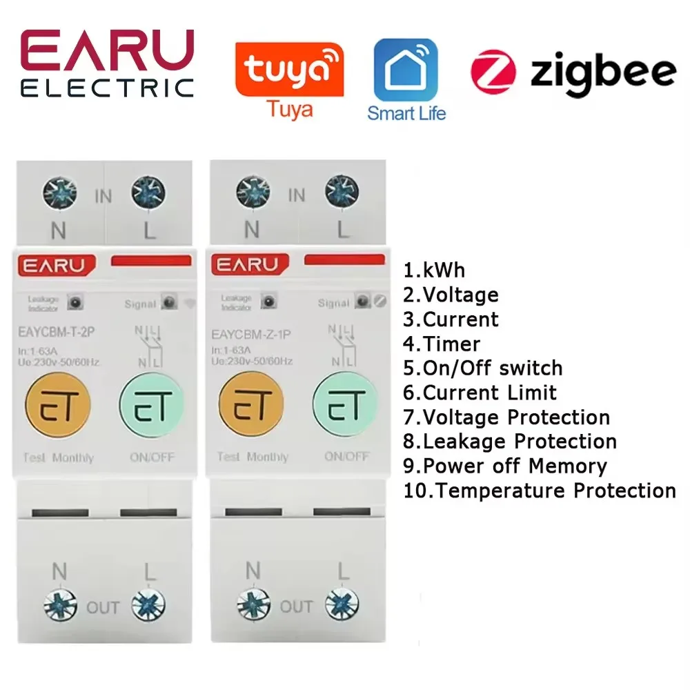 2P TUYA APP Zigbee WIFI Smart Energy Power Consumption kWh Meter Circuit Breaker Time Relay Switch Leakage Voltage Protection