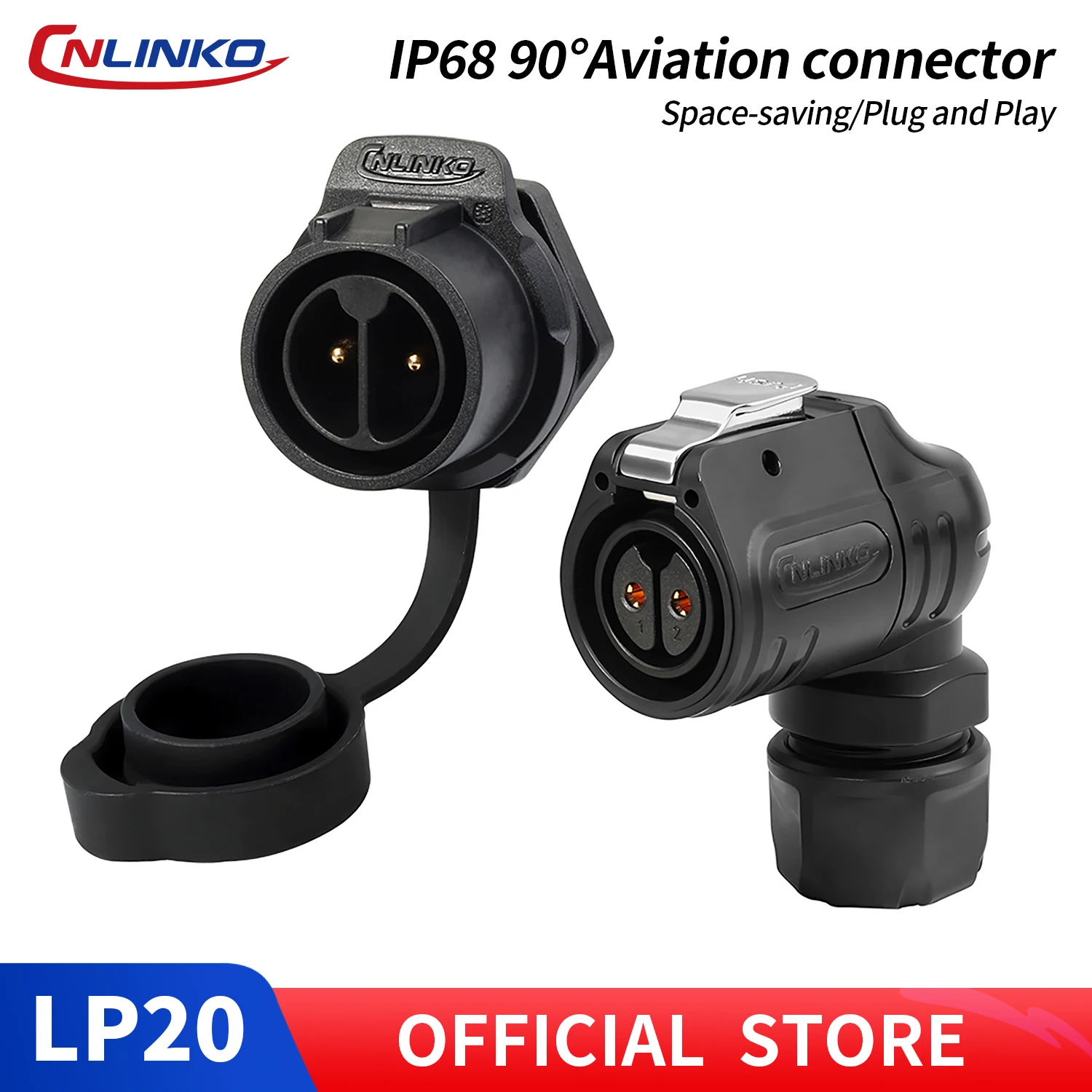 CNLINKO LP20 90° Right Angled Reverse Mount Waterproof Industrial Connector IP68 Saving Space for Power Signal Soldering Cable