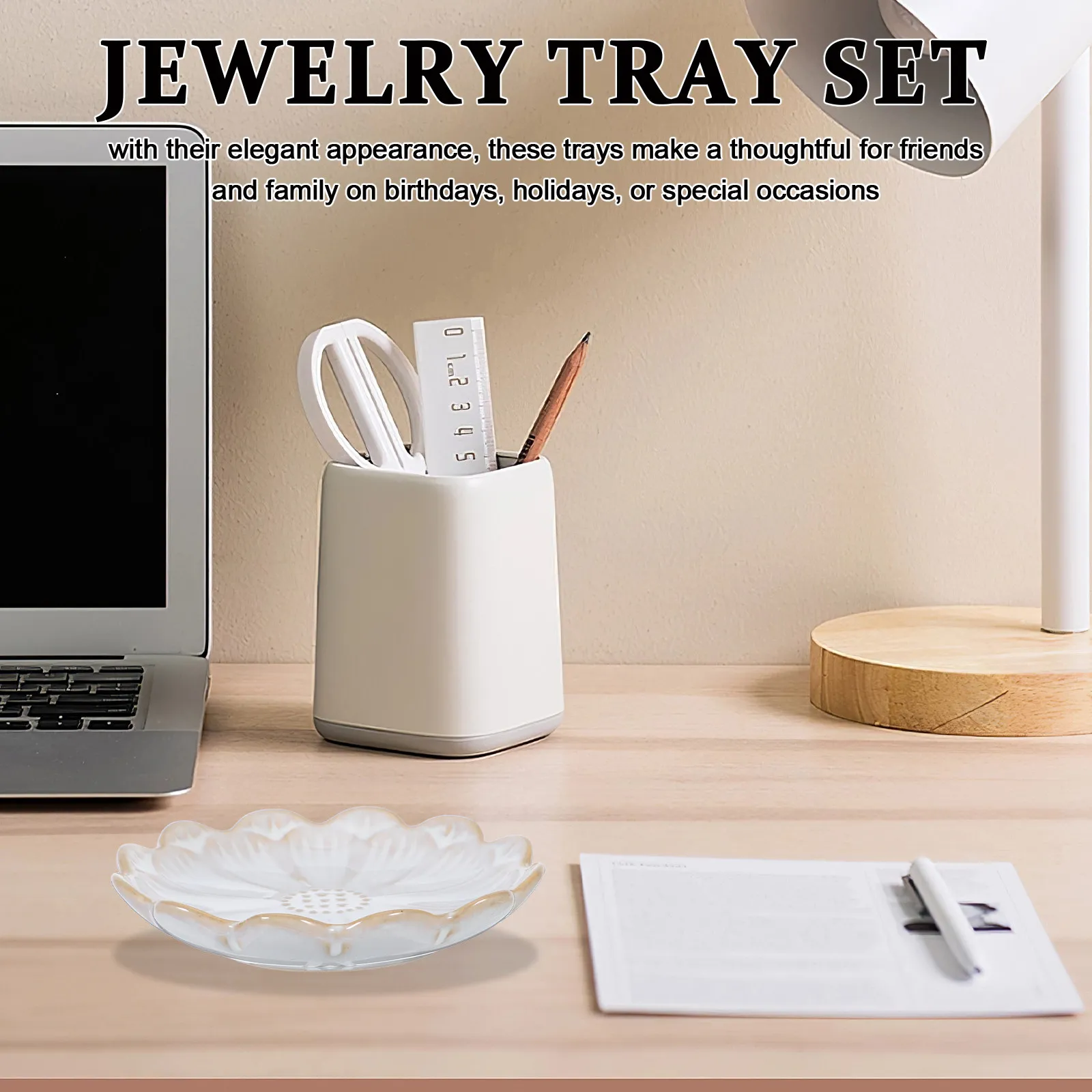 2Pcs Ceramic Jewelry Tray Raised Edge Design for Rings Earrings Pendants Keys Coins Clutter Free Decorative Organizer Bedroom