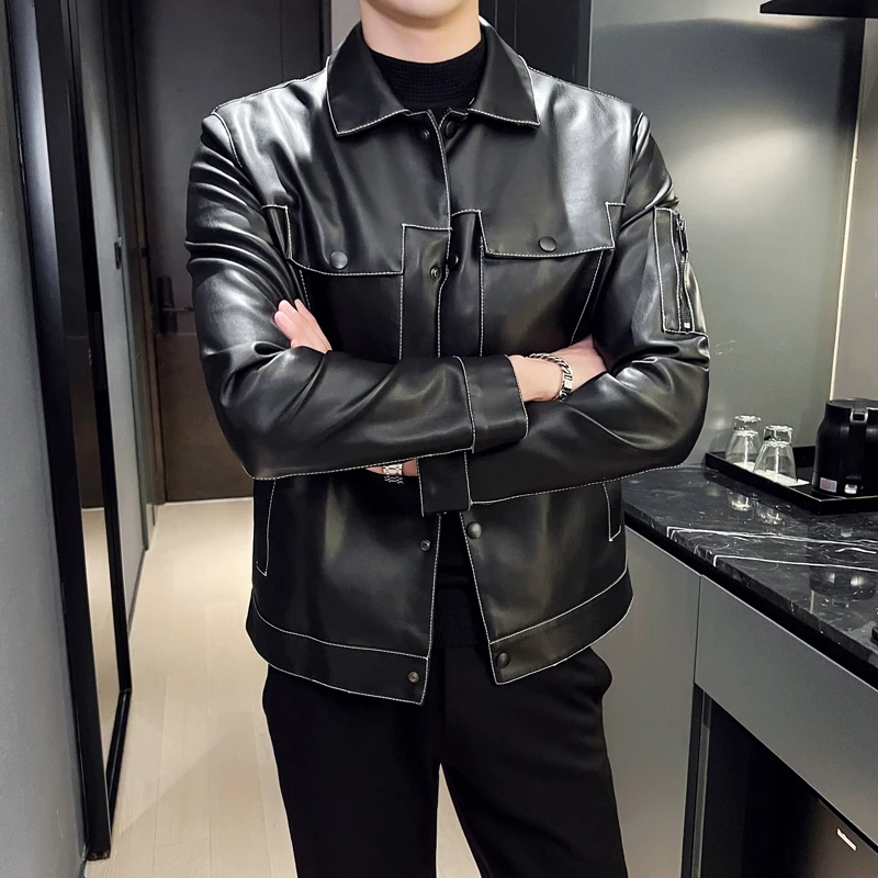 

Autumn Winter Men's Motorcycle Hot Item Leather Jacket Comfortable Soft Breathable Fashionable Lapel High-quality Trendy Jacket