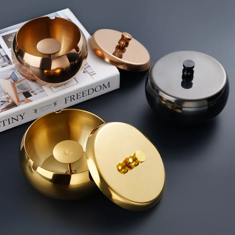 

Stainless Steel Metal Ashtray Windproof and Anti-fall Round Creative Color Plated With Cover Ashtray Home Living Room Office