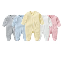 Newborn Baby Boys Girls Clothing 0-3 Months Pure Cotton Zipper Jumpsuit Long Sleeve Solid Color Bind Foot Bodysuits