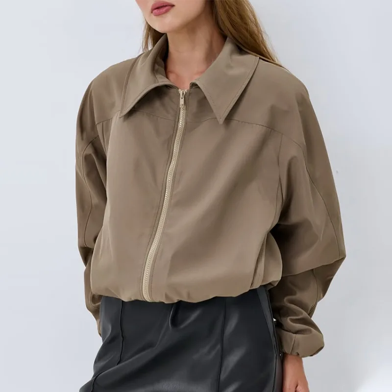 FL Women Solid Color Lapel Collar Cropped Jacket Drop Shoulder Loose Casual Fall Winter 2026 New Trendy Chic Outerwear Soft Warm