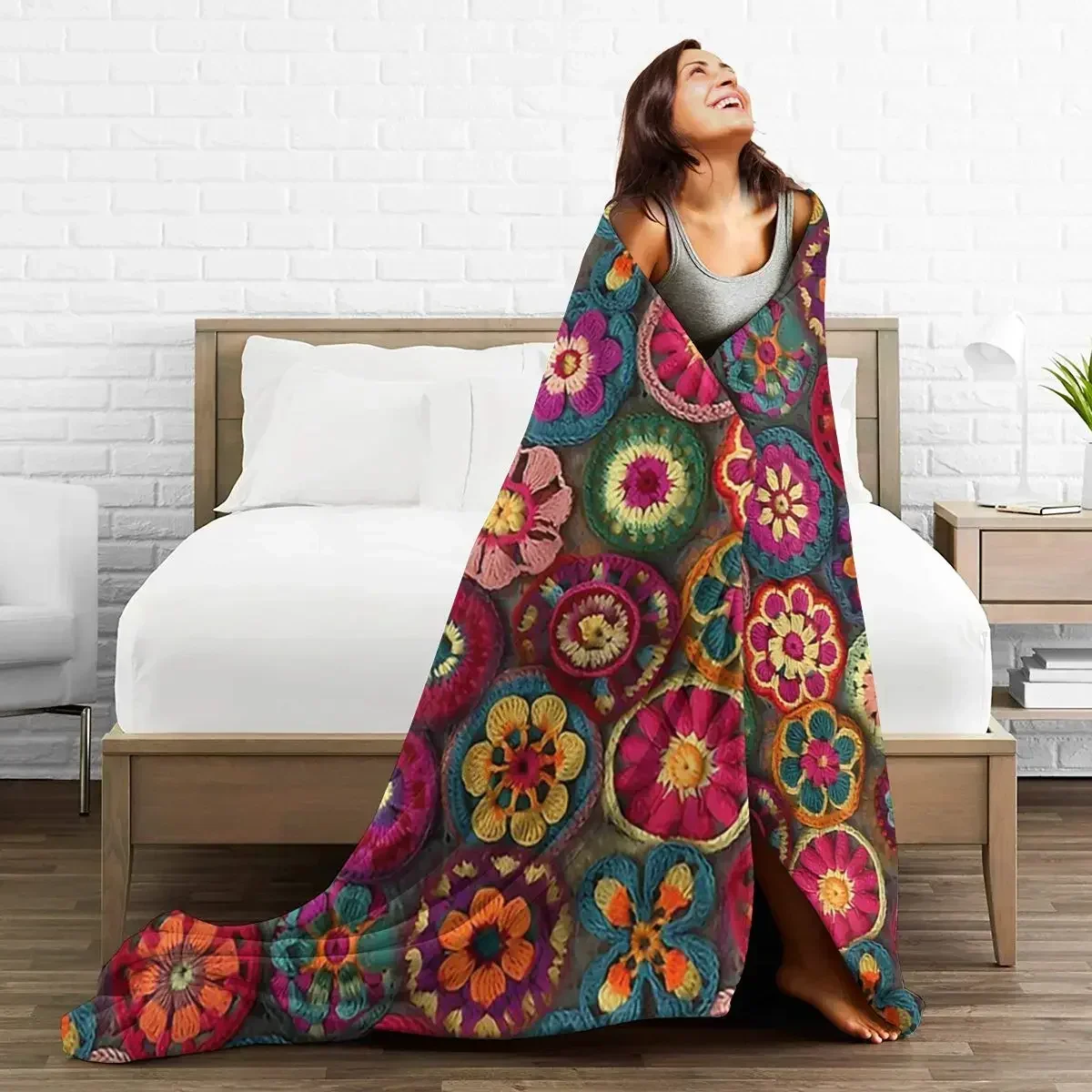 Colourful Crochet Blanket Soft Warm Flannel Throw Blanket Plush for Bed Living room Picnic Travel Home Couch