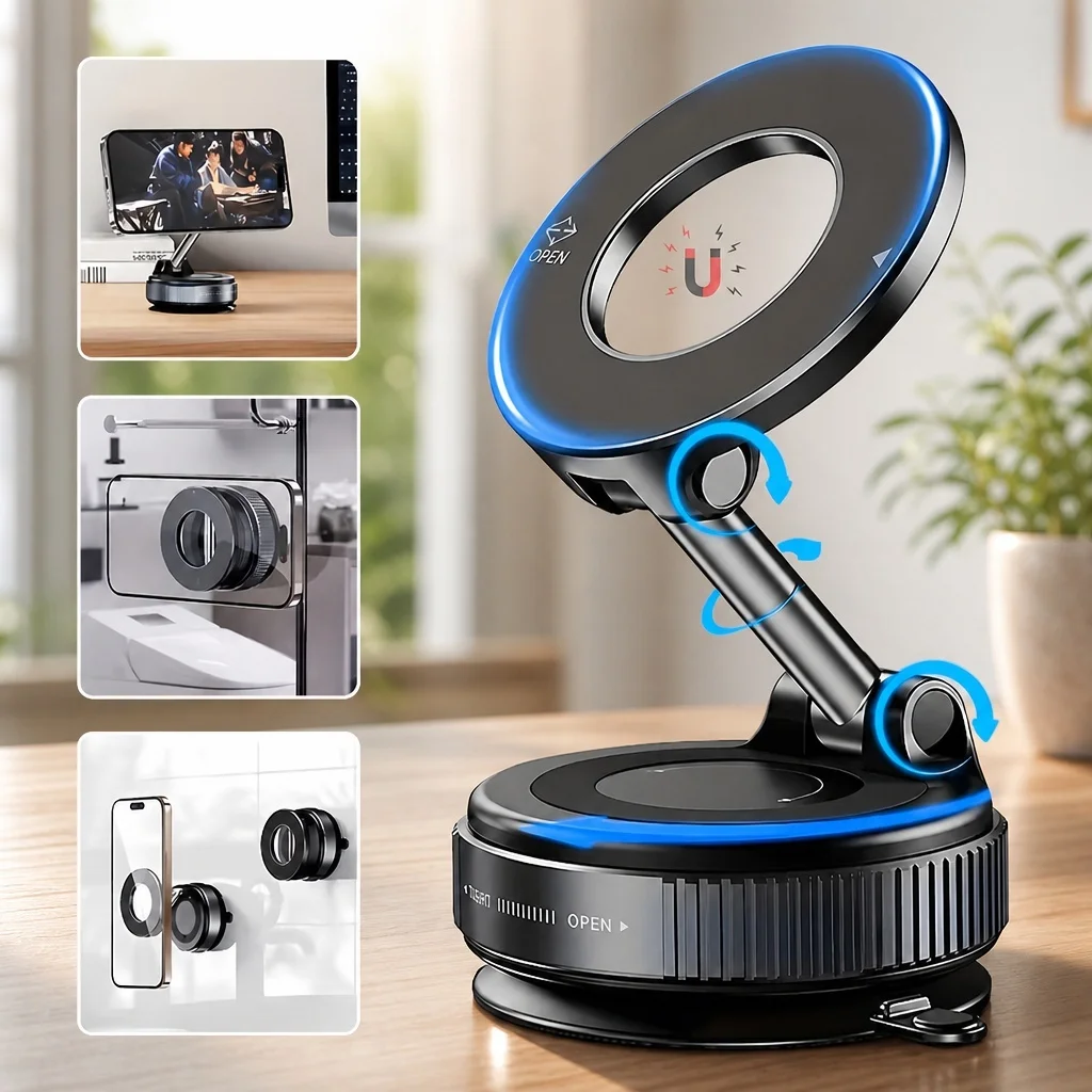 Strong Magnetic Car Phone Holder Foldable Magsafe 360° Adjustable Vacuum Mount Universal Metal