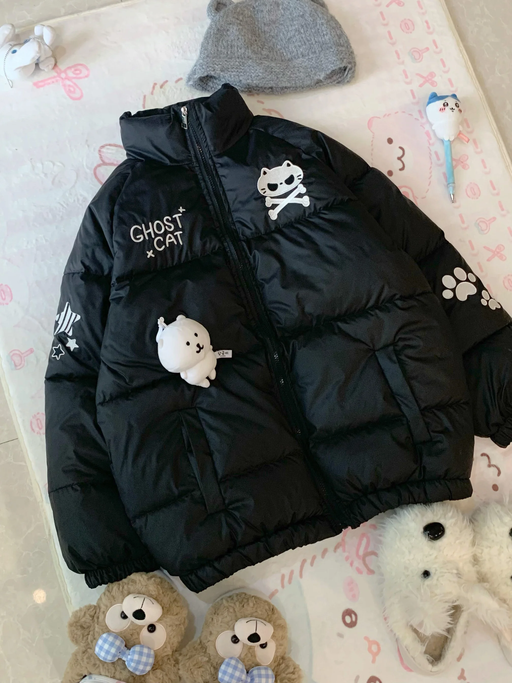 Original Japanese Style Black Parkas Warm Thickened Letter Embroidery Student Y2k Down Jacket Womens Cotton-padded Coat Winter