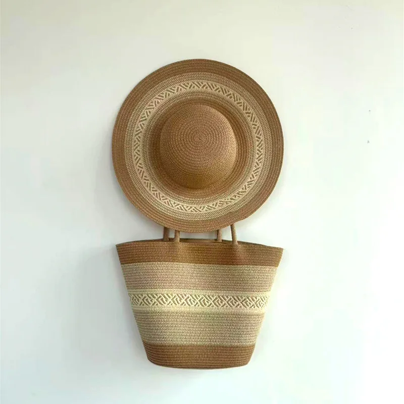 Summer Sun Protection Straw Hat Beach Bag Set Large Brim Geometric Embroidery Basket Weave Single Shoulder Travel Bag Large C...