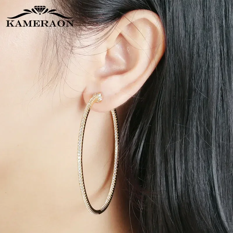 20/40/65mm Over Sized Huge Golden AAA Zircon Hoop Earrings for Women Big Round Anti Allergy Precious Jewels Party Gifts