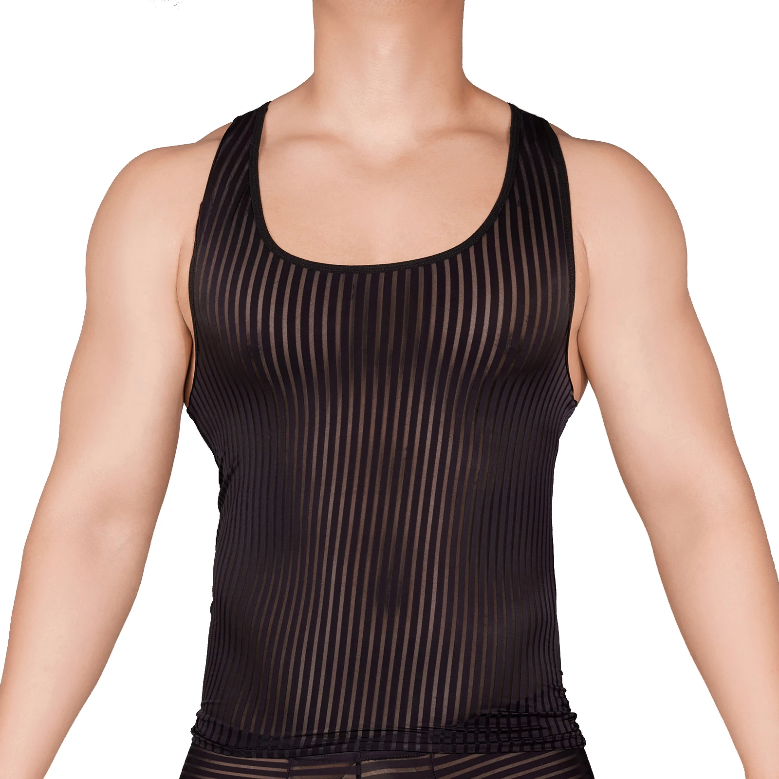 Mens Striped Sheer Tank Top U Neck Sleeveless Sports Vest Tops See-Through Stretchy Tops Pool Party Beach Bodybuilding Fitness