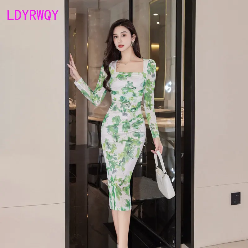 

Green dress for women new style of foreign air gauze, long sleeve, temperament, waist closing, slim square neck
