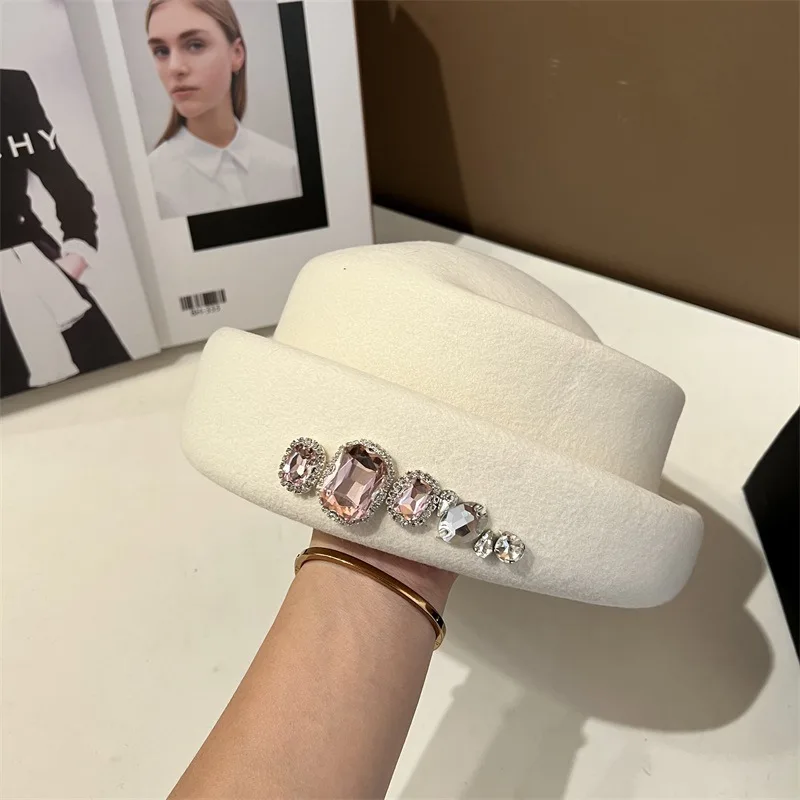 High quality rhinestone wool top hat Korean version versatile beret fashion retro style painter\'s hat church dress bucket hat