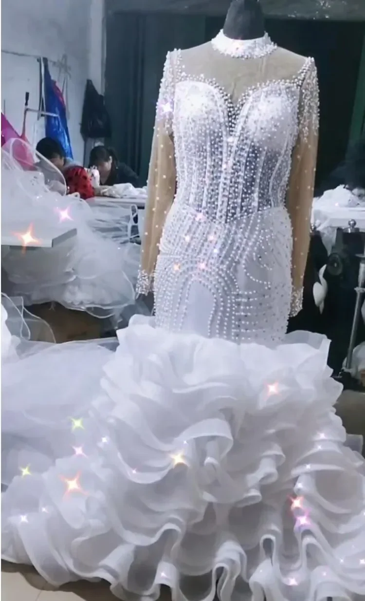 Personalizado ver através de pérolas contas sereia vestidos de casamento vestido de noiva manga cheia babados em cascata vestidos de noiva