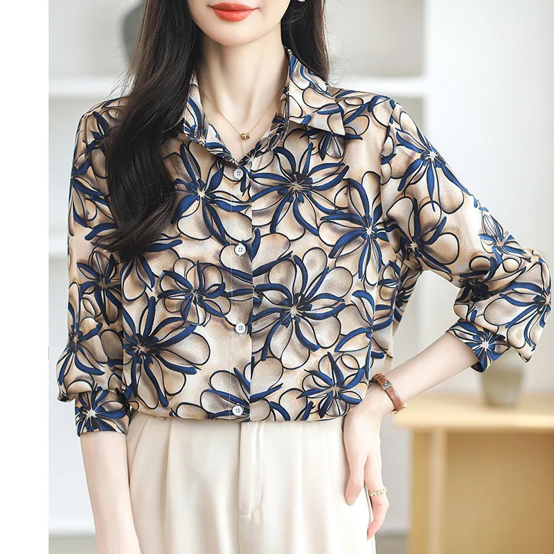 

Spring Summer New Vintage Printing Casual Long Sleeve Lapel Blouse Shirt for Women Office Top Clothing Baju