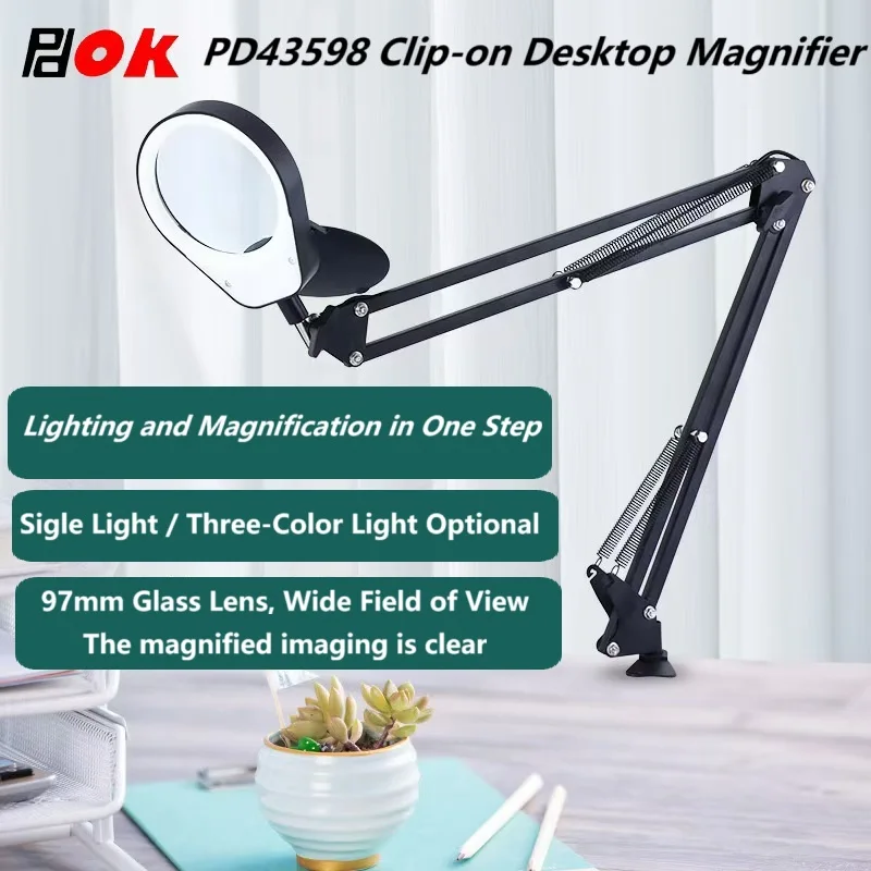 

Foldable Clamp-on Table Lamp with Magnifier Glass Swing Arm Dimmable Illuminated Magnifier LEDs Desk Light 3 Color Modes Lamp