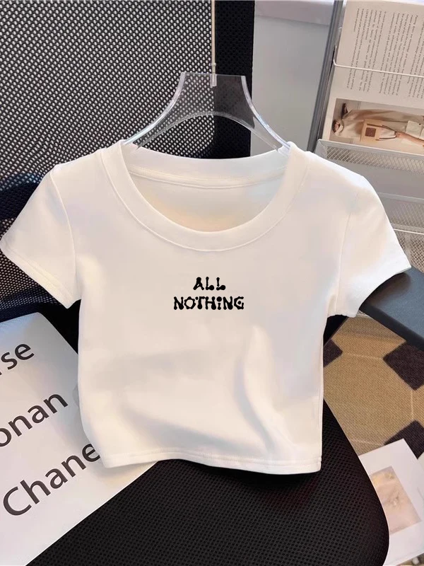 

Корейская футболка с коротким рукавом, облегающая, укороченная, модная, с принтом, из смесового хлопка, летний топ для молодых женщин