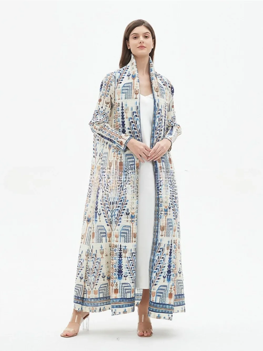Miyake Pleated Abaya Vintage Printed Long Sleeve Trench Cardigan Dress Women 2025 New Original Designer Cardigan Long Coats