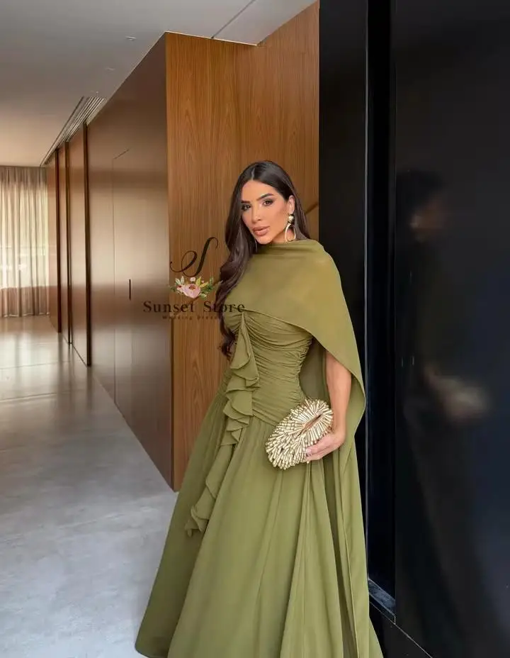 Customized Evening Dress High Neck Cape Sleeve Ruched Wedding Guest Maxi Dresses Cascading Ruffles