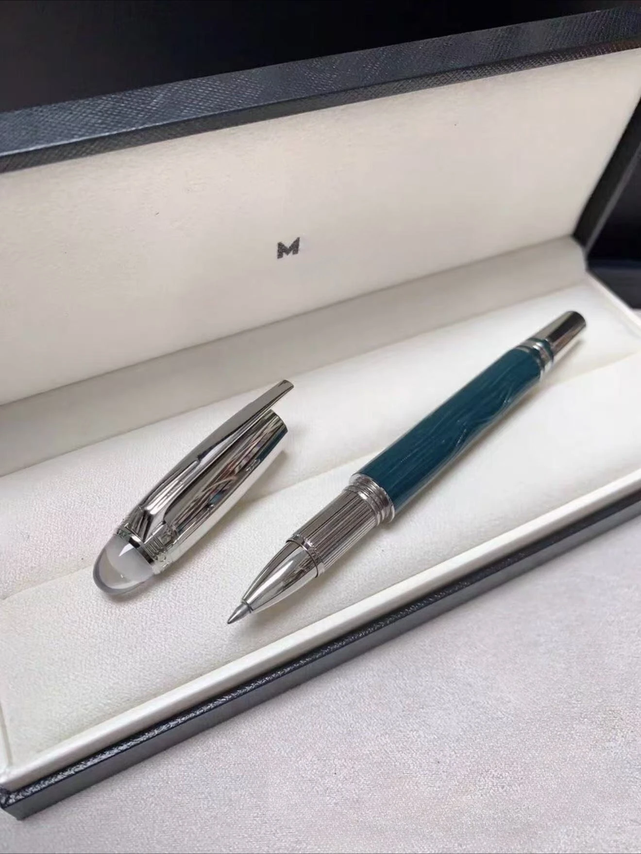 

M Brand Teal Wave Pattern Silver Accent Fountain/Rollerball Pen, Luxury Office Gift Writing Pen( No Pen Box Included)